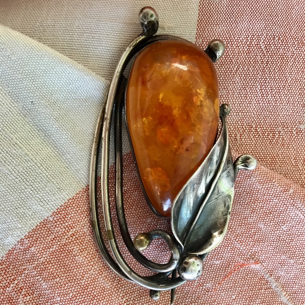 Polish, Amber, Sterling Silver brooch.